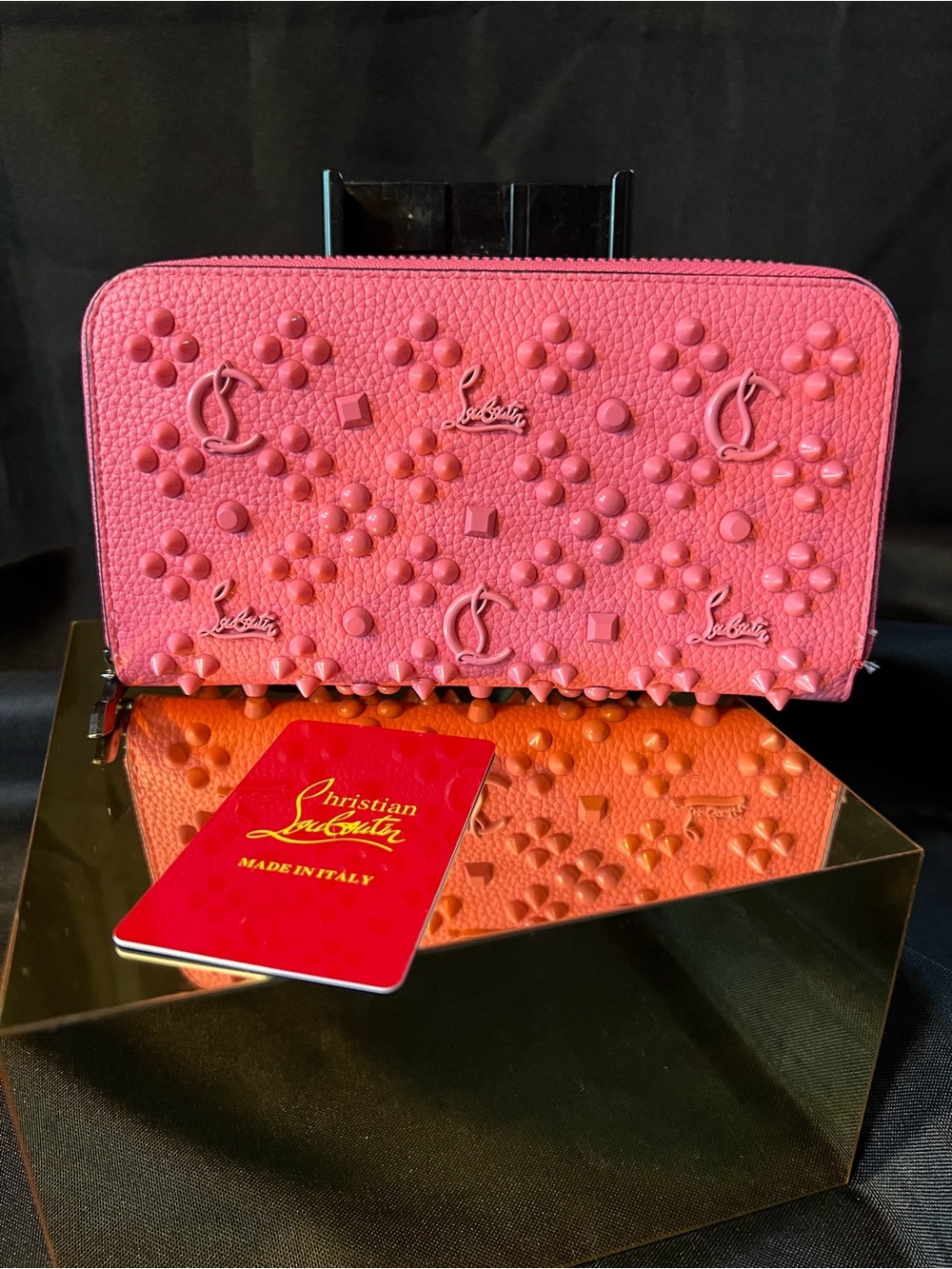 Christian Louboutin Coral Pink Studded Zip-Around Wallet